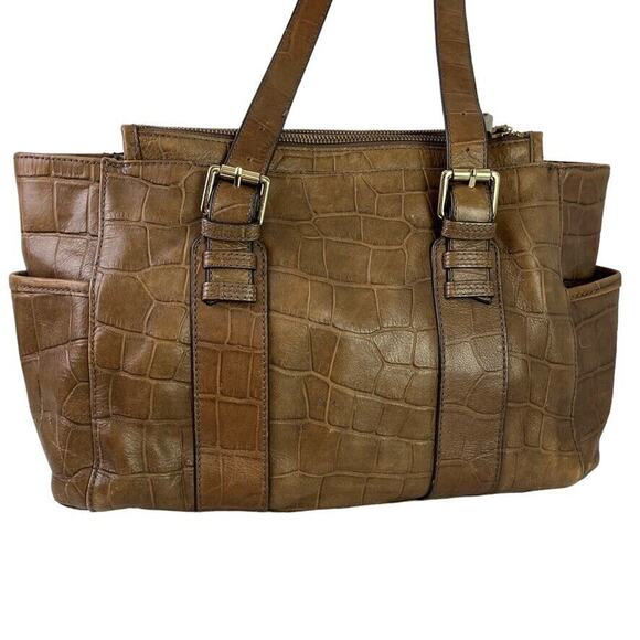 Perlina Womens Brown Croc Embossed Leather Double Handle Shoulder Bag Purse - Picture 9 of 16